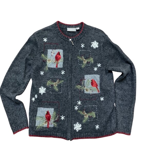 croft & barrow Sweaters - Croft & Barrow Women's Cardigan‎ Gray Wool Cardinal Embroidered Sz PM Gradmacore